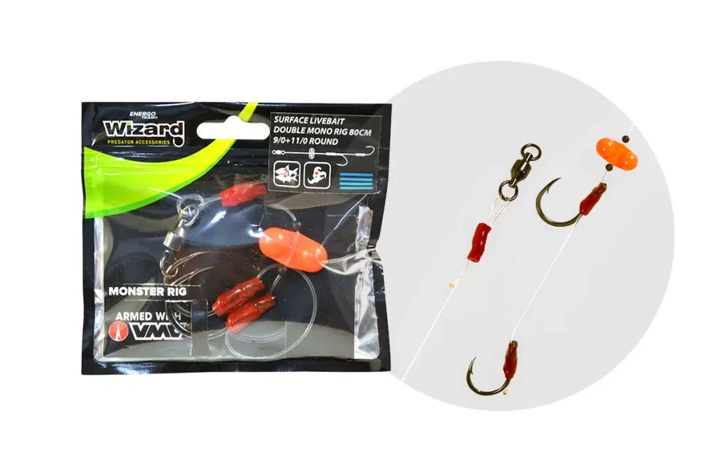 WIZARD MONSTER SURFACE LIVEBAIT DOUBLE MONO RIG 9/0+11/0 ROU Uitverkoop