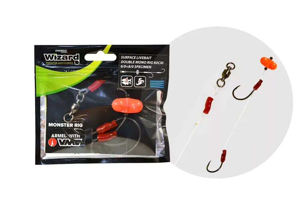 WIZARD MONSTER SURFACE LIVEBAIT DOUBLE MONO RIG 6/0+ 8/0 SPE Lage Kosten