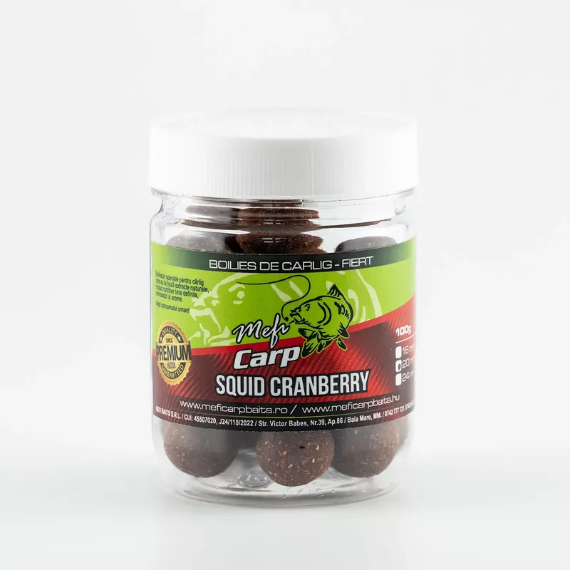 Premium MEFI Squid Cranberry Főzött Dippelt Csalizó Bojli 24mm 100g